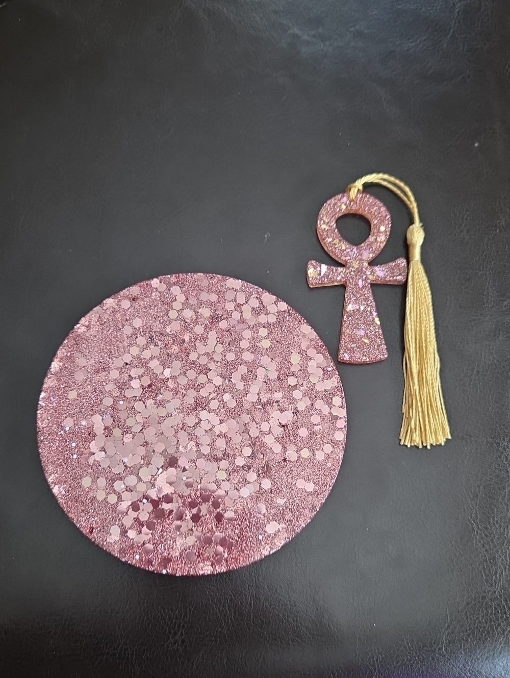 🎀Handmade-Pink Glitter Ankh  Bookmark with Gold Tassel and Rose Gold Coaster